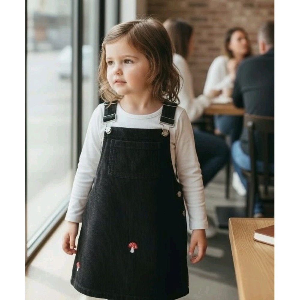 Forever‎ 21 Black Corduroy Overalls Mushroom Embroidery Straps Girl's SZ 5/6